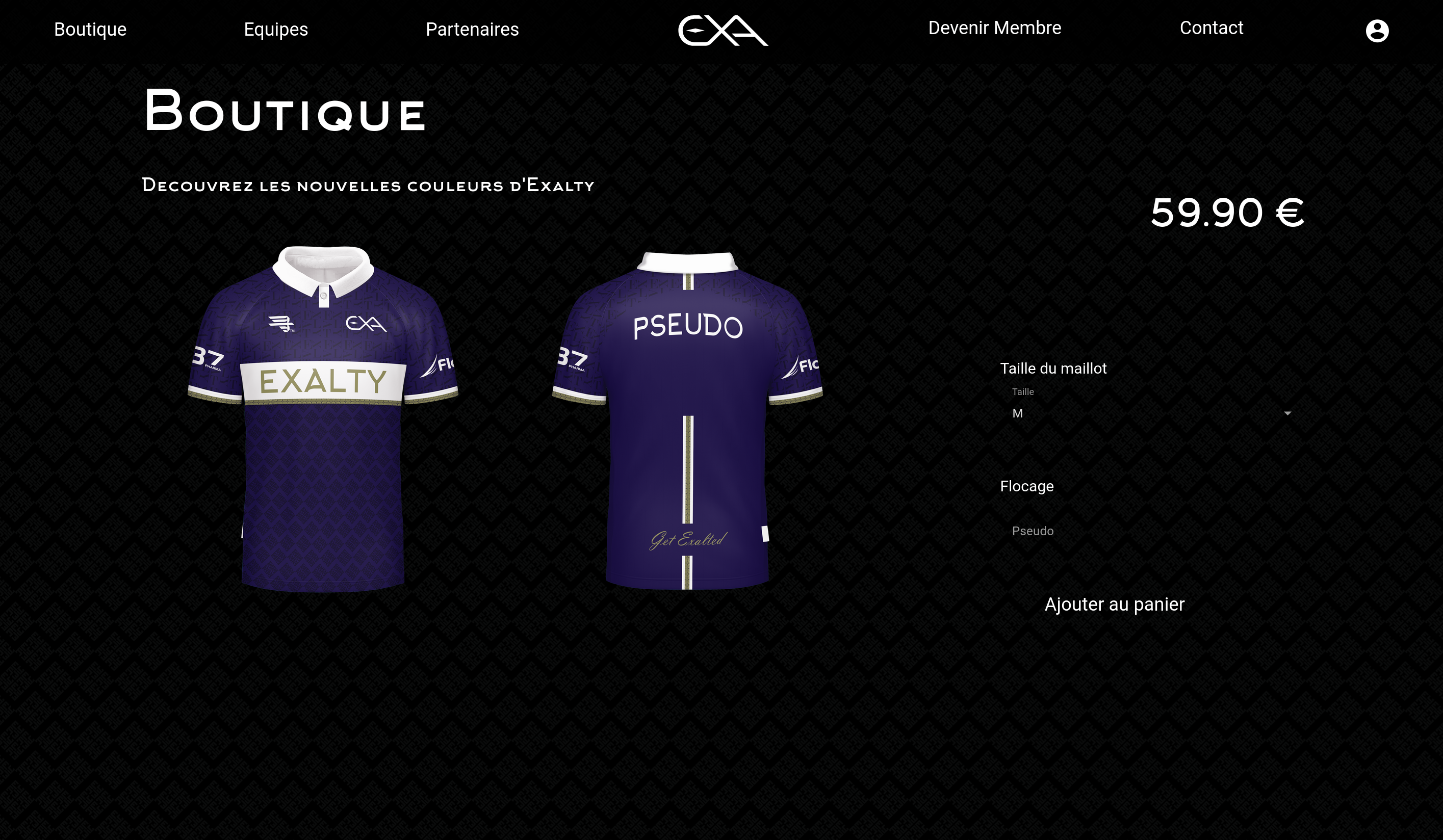 Exalty merch shop with custom jersey and flocking option