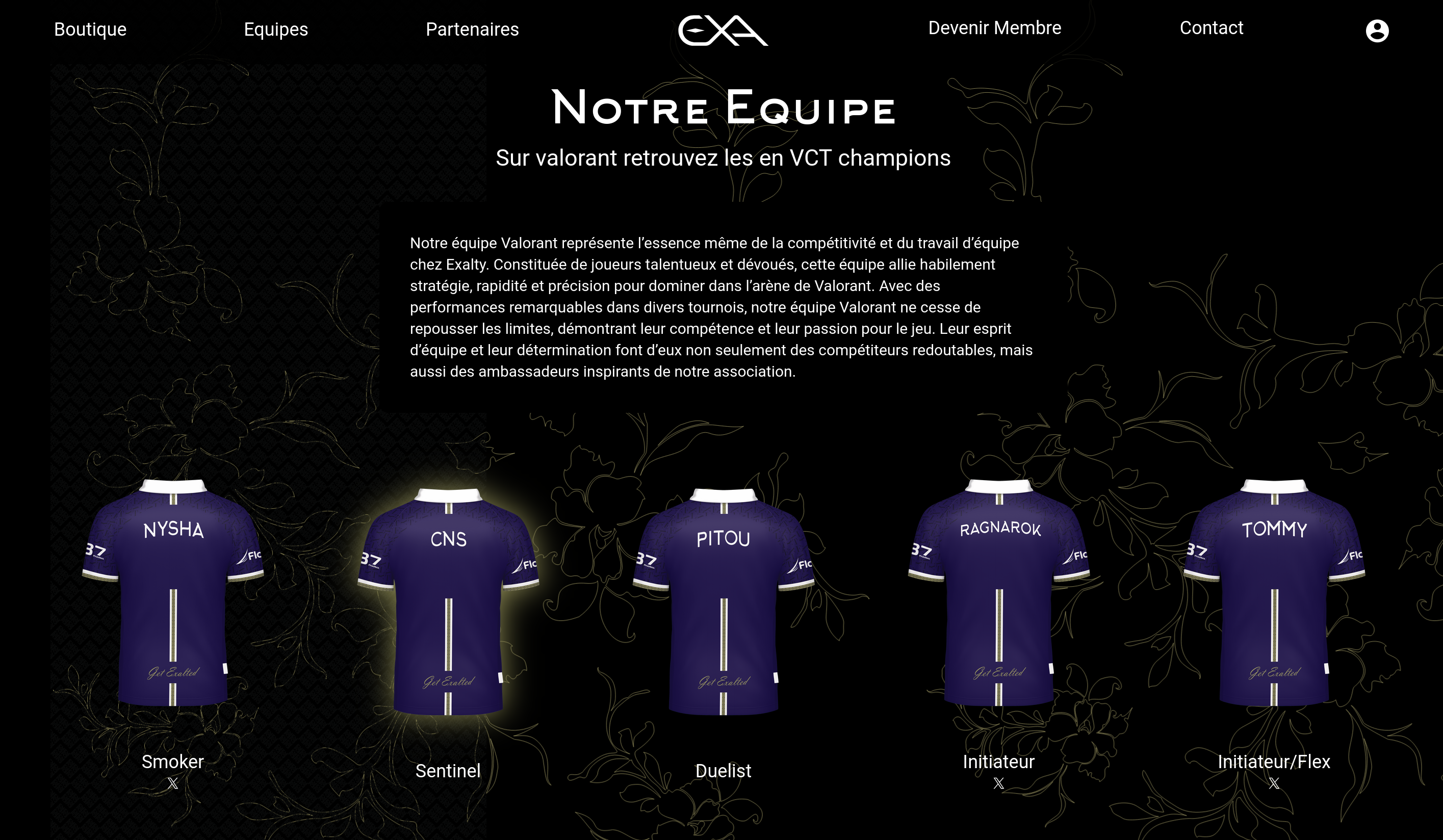Exalty team page showing Valorant roster jerseys