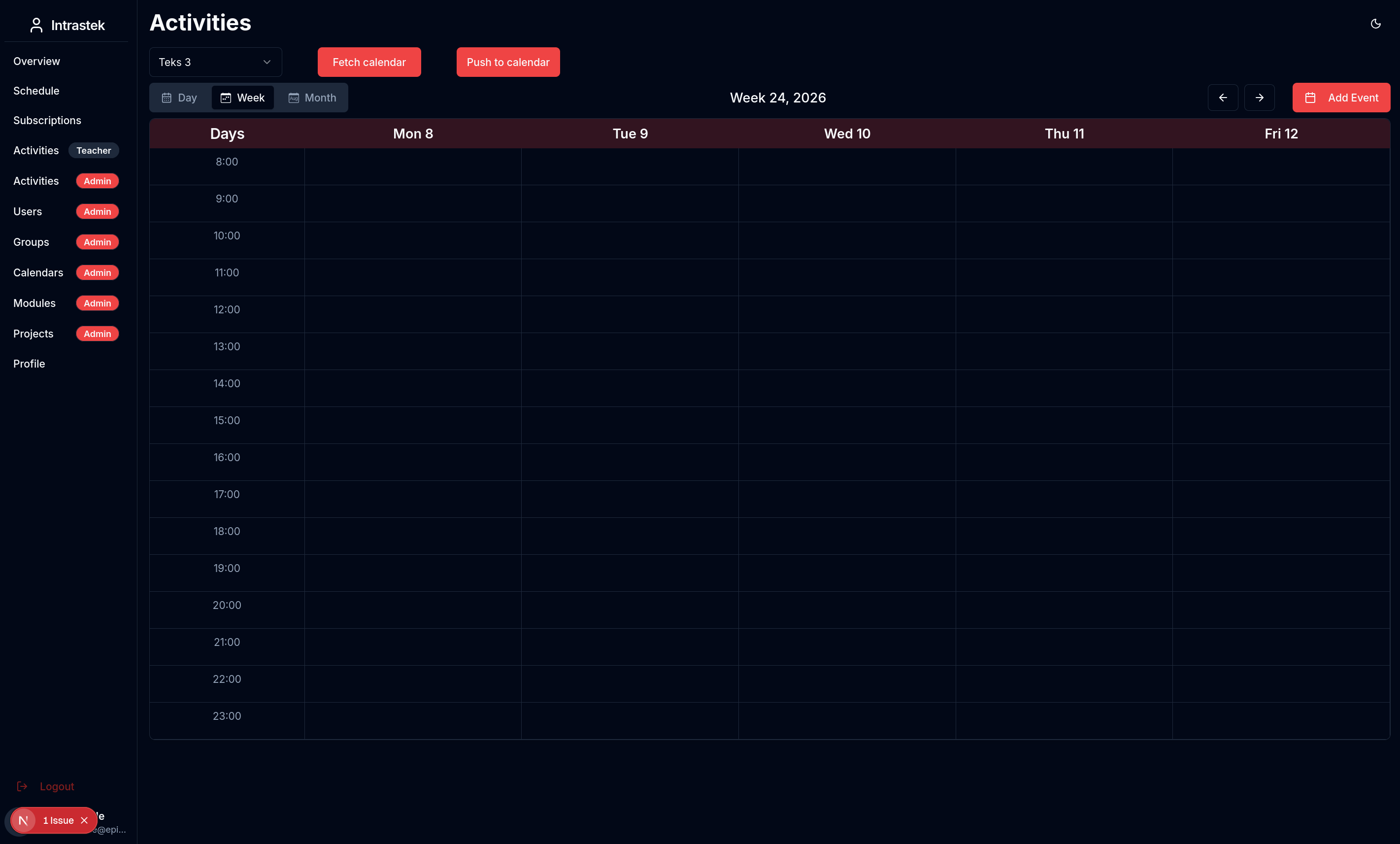 Intrastek activities management page with assignment grid