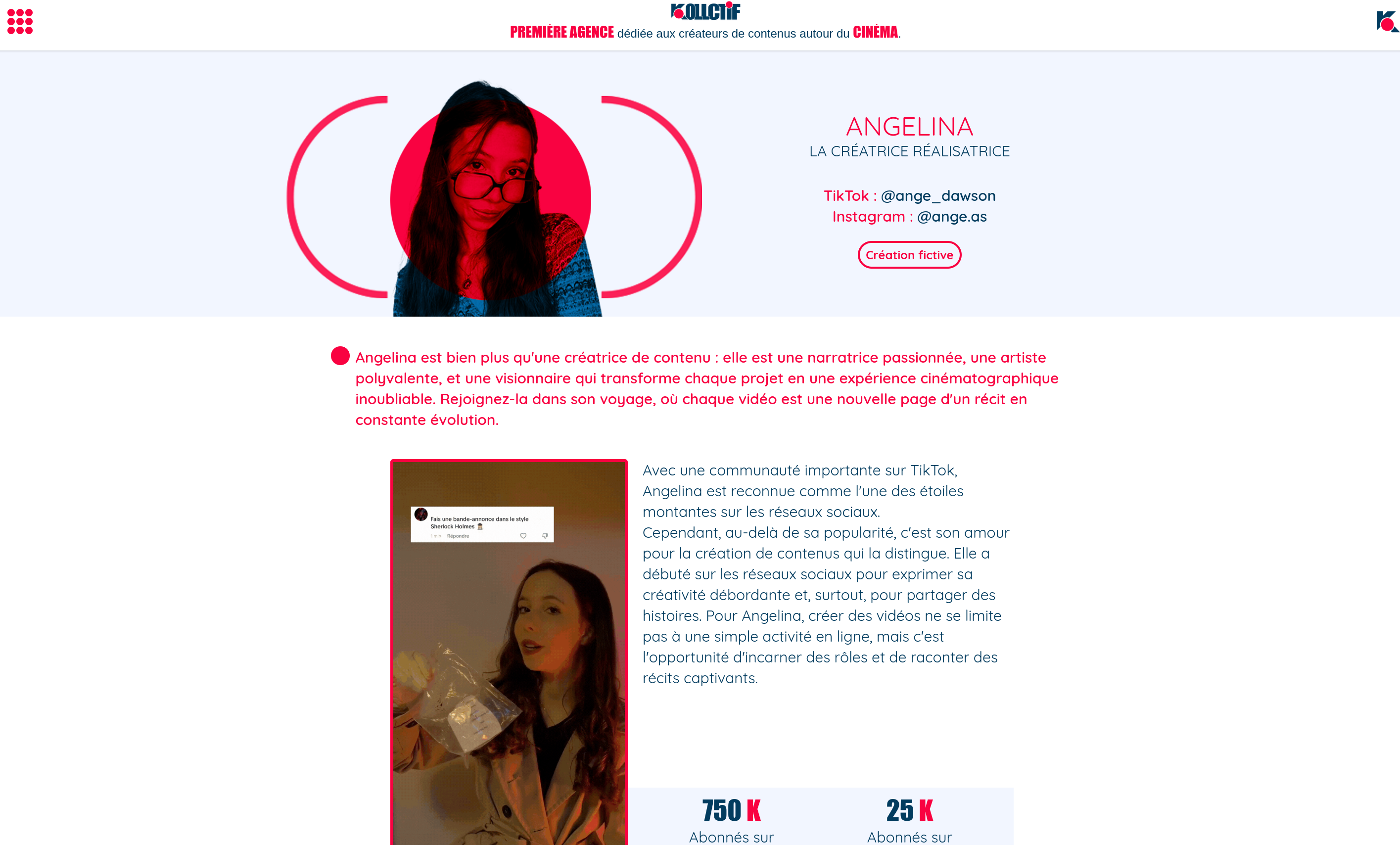 Individual talent profile page with social stats
