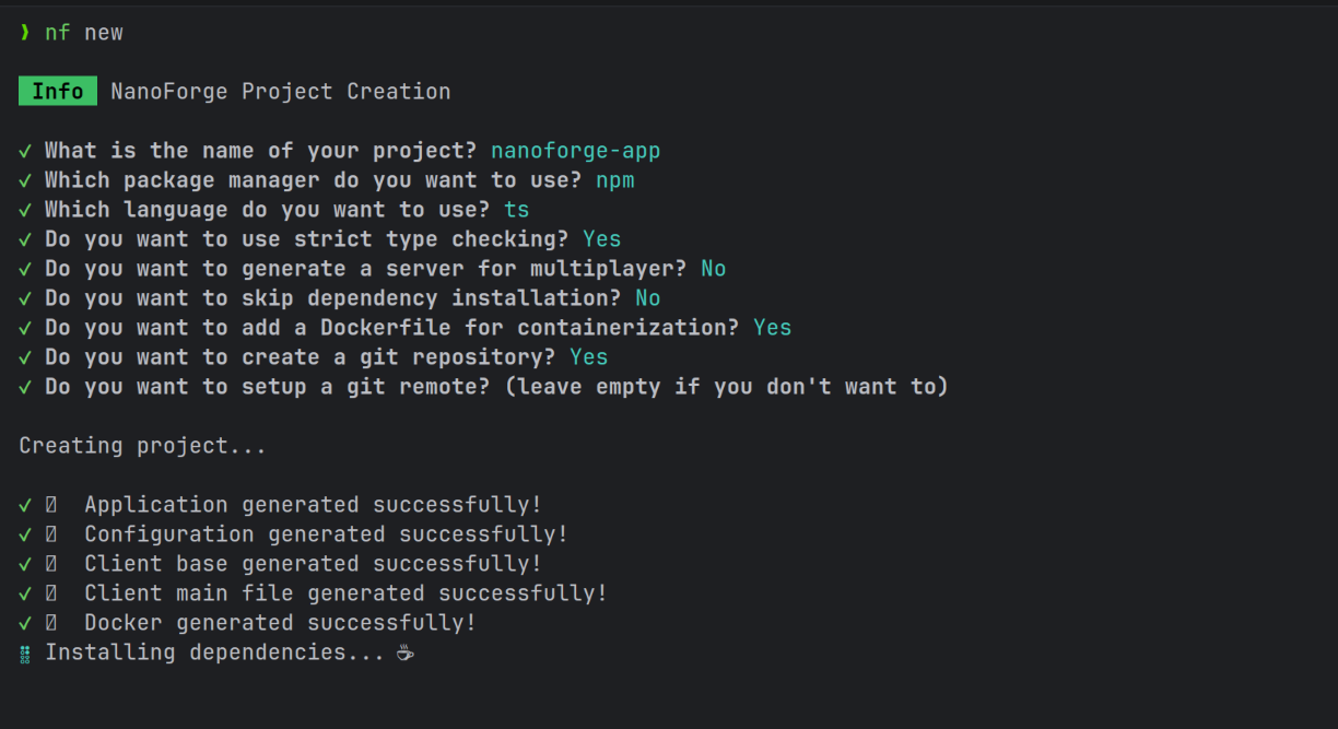 nf new CLI command scaffolding a new NanoForge project