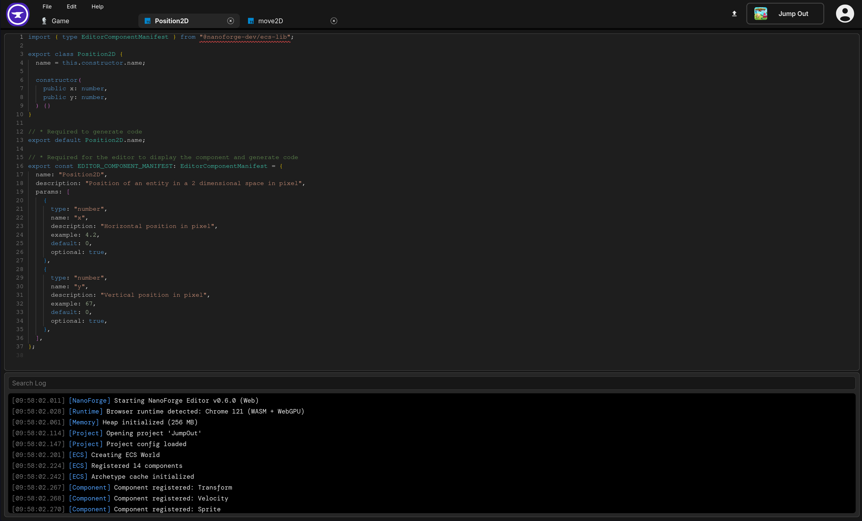 NanoForge editor code view with TypeScript component source