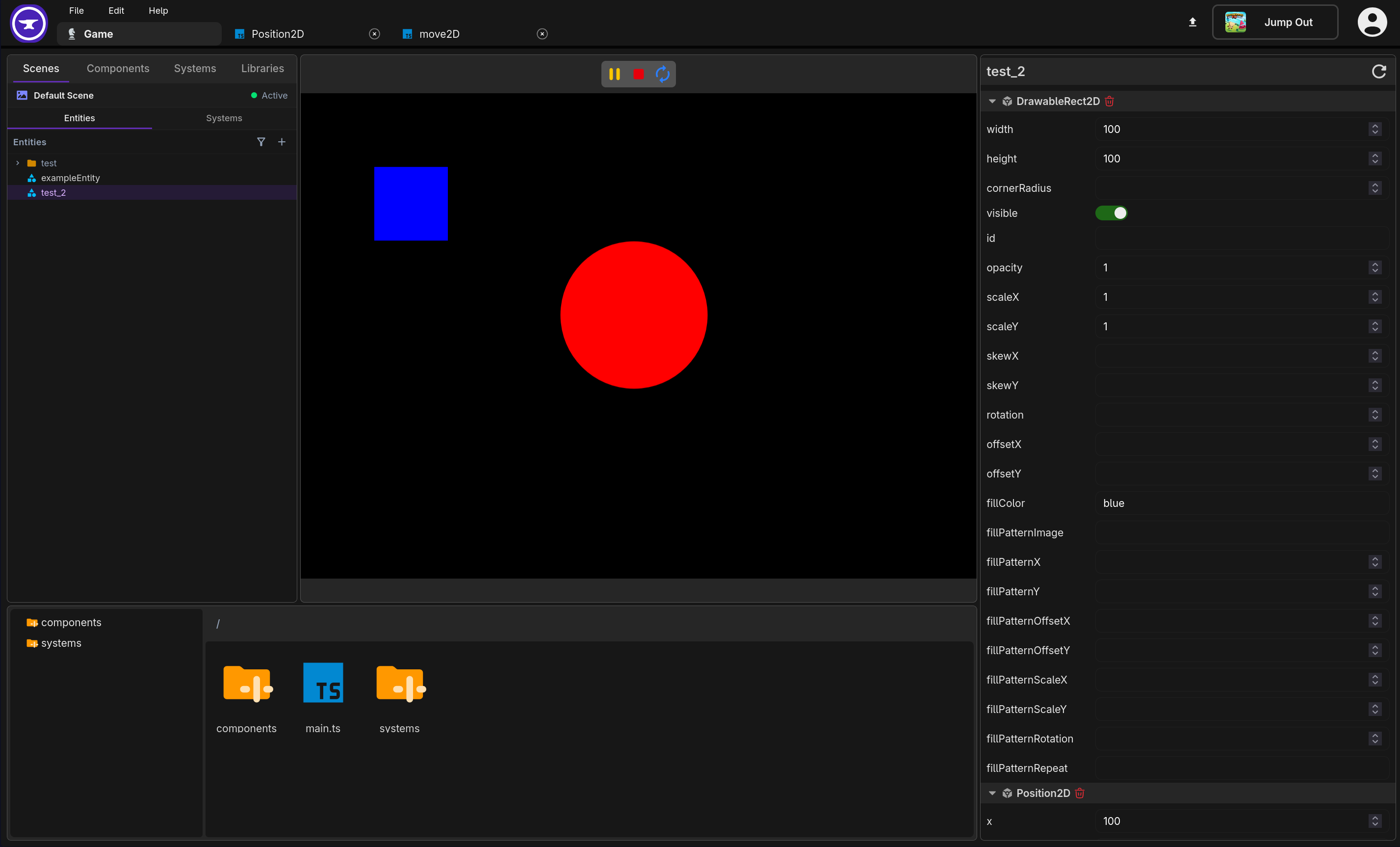 NanoForge visual scene editor with entity panel and canvas