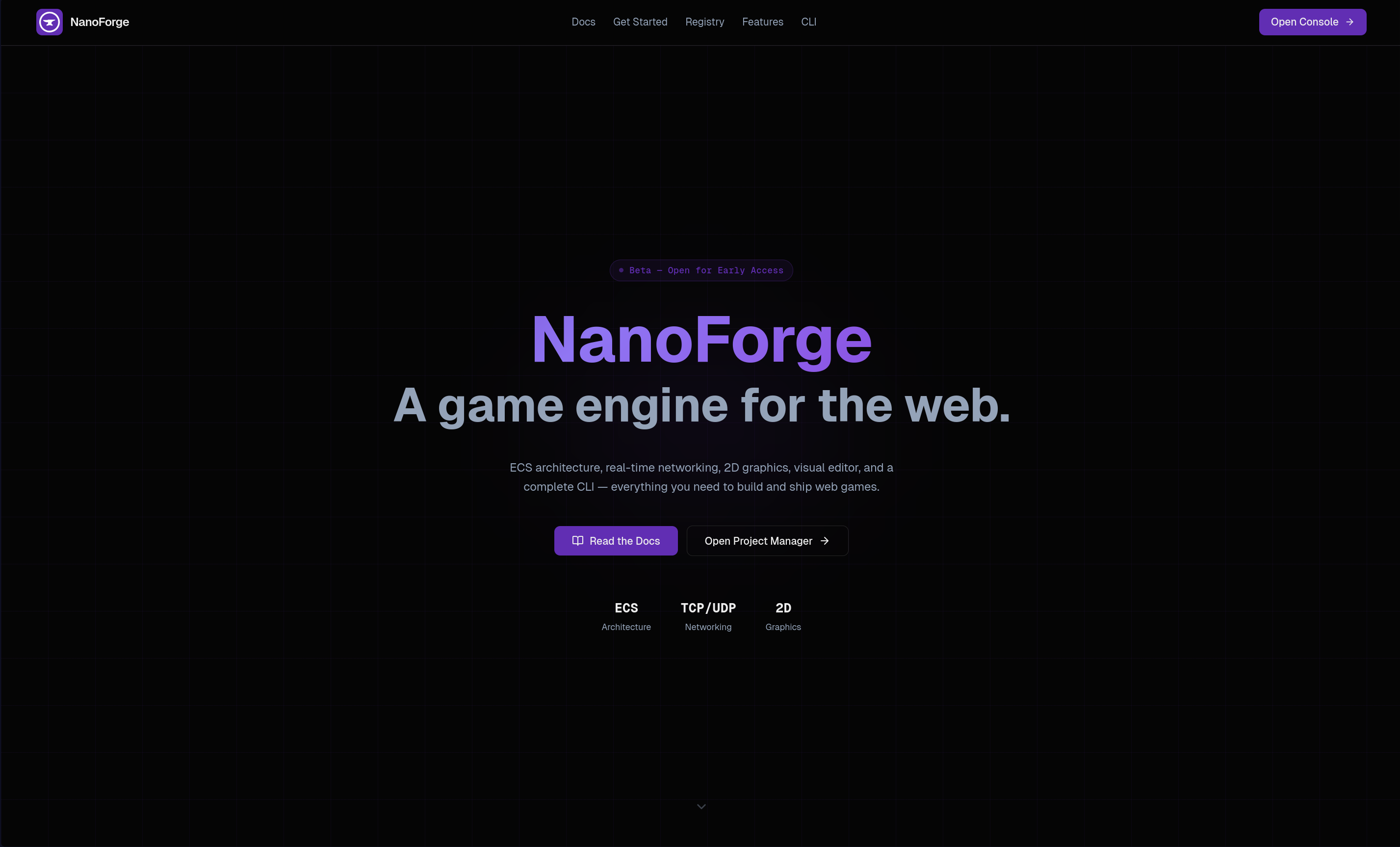 NanoForge landing page - A game engine for the web