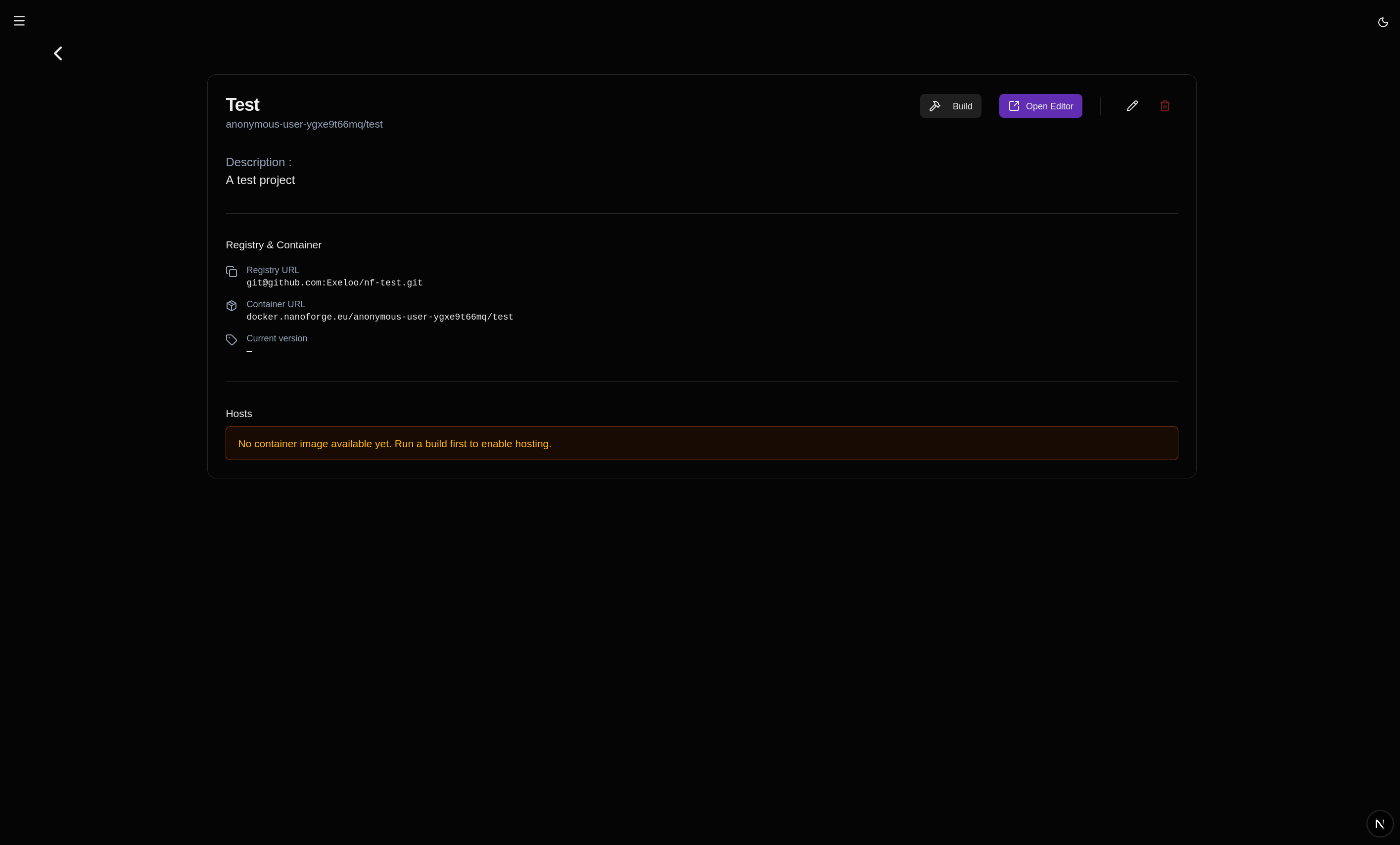 Project Manager dashboard showing project details with Build and Open Editor actions