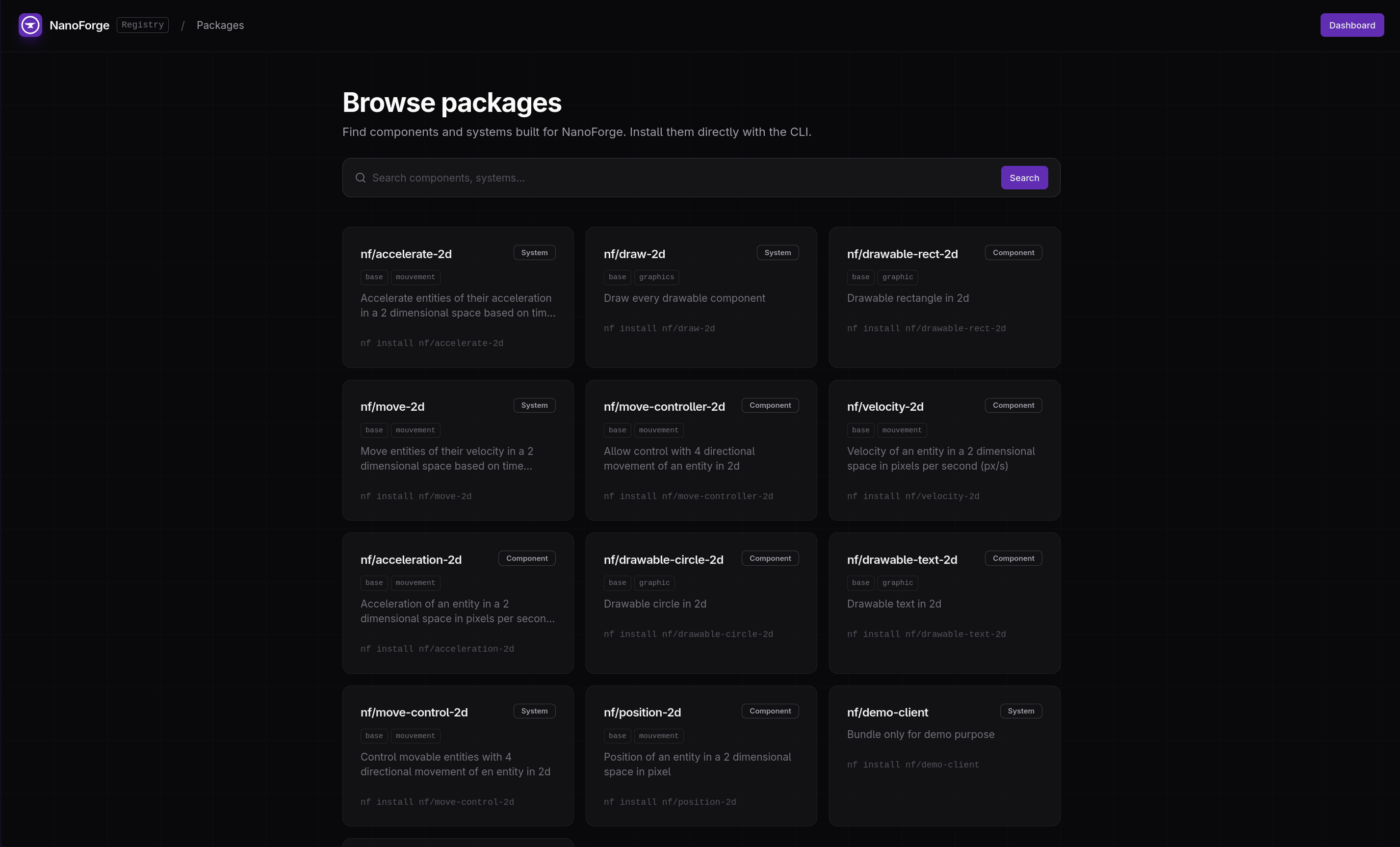 NanoForge package registry listing ECS components and systems